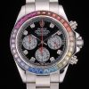 Rolex Daytona Cosmograph Rainbow Crystals Bezel Stainless Steep Strap Black Dial 80250