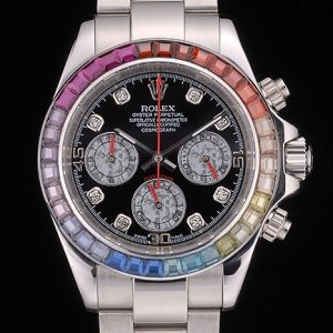 Rolex Daytona Cosmograph Rainbow Crystals Bezel Stainless Steep Strap Black Dial 80250