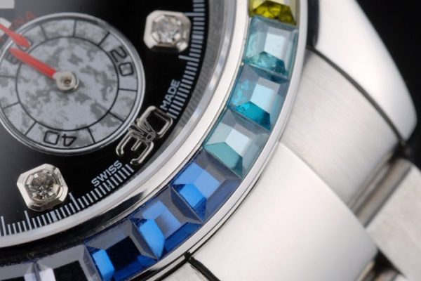 Rolex Daytona Cosmograph Rainbow Crystals Bezel Stainless Steep Strap Black Dial 80250 - Image 10