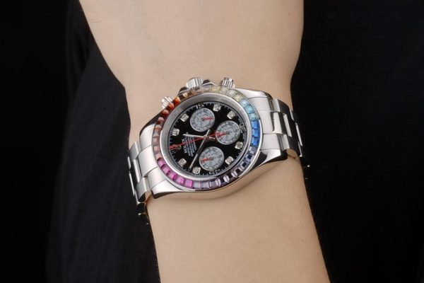 Rolex Daytona Cosmograph Rainbow Crystals Bezel Stainless Steep Strap Black Dial 80250 - Image 2