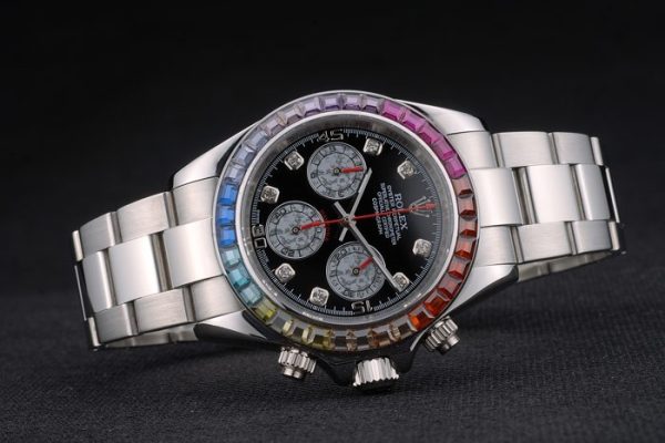 Rolex Daytona Cosmograph Rainbow Crystals Bezel Stainless Steep Strap Black Dial 80250 - Image 4