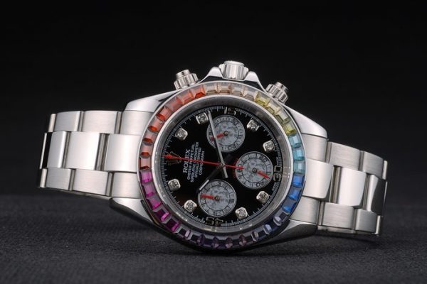 Rolex Daytona Cosmograph Rainbow Crystals Bezel Stainless Steep Strap Black Dial 80250 - Image 5