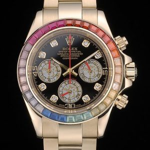 Rolex Daytona Cosmograph Rainbow Crystals Bezel Rose Gold Strap Black Dial 80251