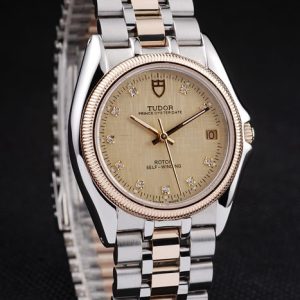 Tudor Swiss Classic Prince Date Stainless Steel Case Rose Gold Ribbed Bezel Gold Dial