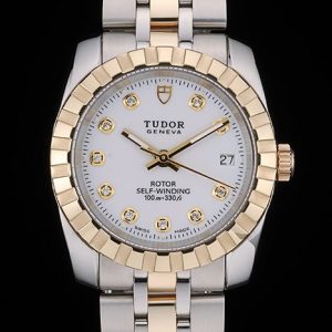 Swiss Tudor Classic Rose Gold Ribber Crystal Encrusted Bezel White Dial 80301