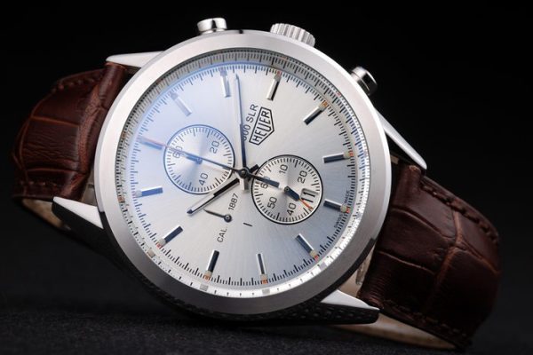 Tag Heuer SLR Brushed Stainless Steel Case Silver Dial Brown Leather Strap - Image 3