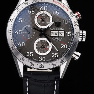 Swiss Tag Heuer Carrera Tachymeter Bezel Black Leather Strap Brown Checkered Dial