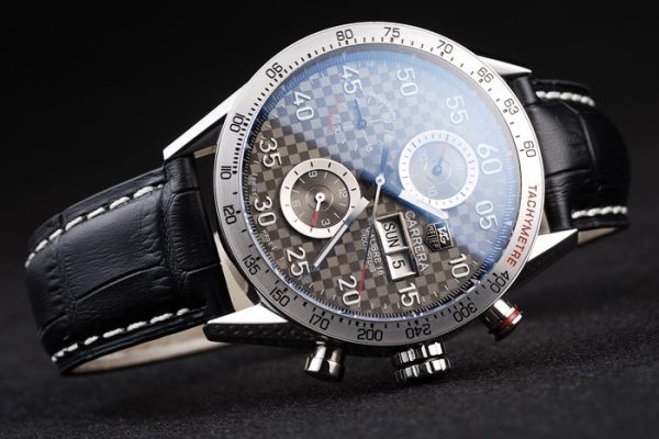 Swiss Tag Heuer Carrera Tachymeter Bezel Black Leather Strap Brown Checkered Dial - Image 4