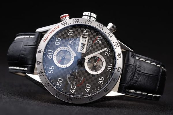 Swiss Tag Heuer Carrera Tachymeter Bezel Black Leather Strap Brown Checkered Dial - Image 5