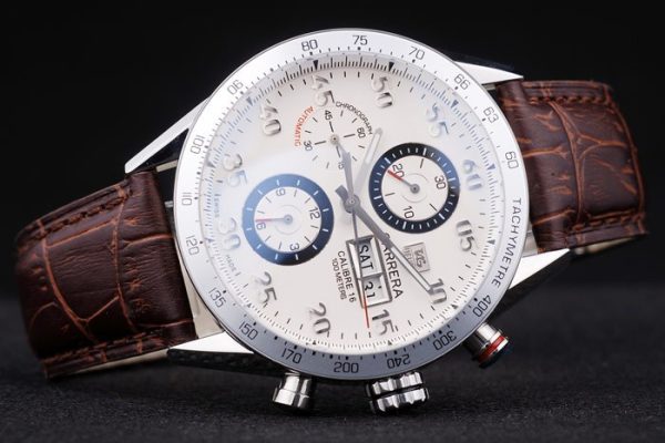 Swiss Tag Heuer Carrera Tachymeter Bezel Dark Brown Leather Strap White Dial - Image 4