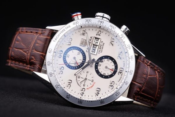 Swiss Tag Heuer Carrera Tachymeter Bezel Dark Brown Leather Strap White Dial - Image 5