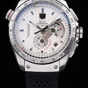 Swiss Tag Heuer Carrera Tachymeter Bezel Black Perforated Rubber Strap White Dial