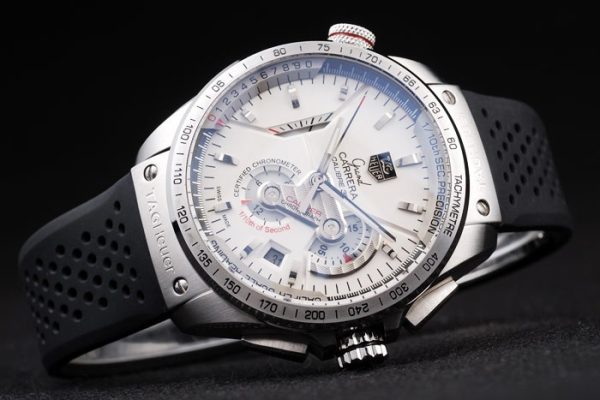 Swiss Tag Heuer Carrera Tachymeter Bezel Black Perforated Rubber Strap White Dial - Image 3