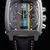 Tag Heuer Monaco Swiss Black Leather Strap Blue-Yellow Striped Black Dial