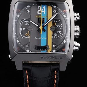 Tag Heuer Monaco Swiss Black Leather Strap Blue-Yellow Striped Black Dial