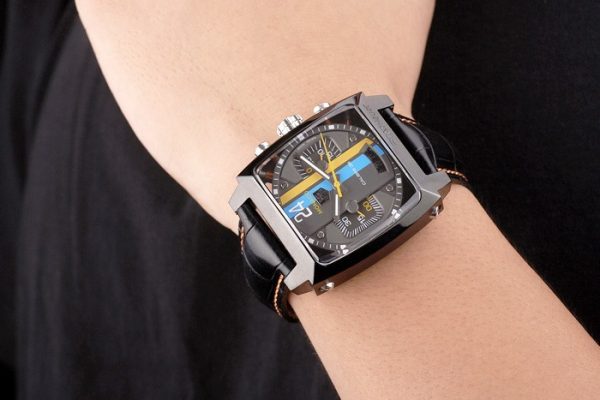 Tag Heuer Monaco Swiss Black Leather Strap Blue-Yellow Striped Black Dial - Image 2