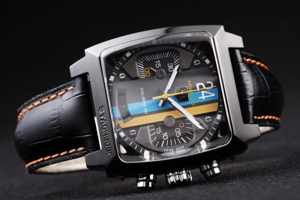 Tag Heuer Monaco Swiss Black Leather Strap Blue-Yellow Striped Black Dial - Image 4