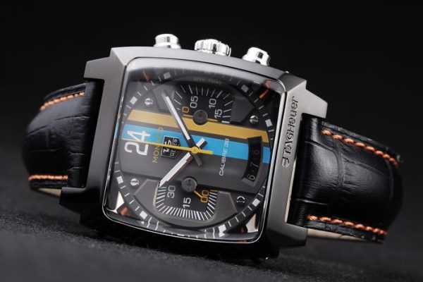 Tag Heuer Monaco Swiss Black Leather Strap Blue-Yellow Striped Black Dial - Image 5