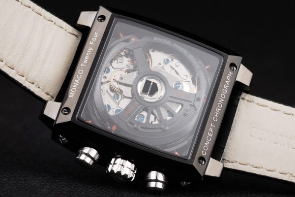Tag Heuer Monaco Swiss Black Leather Strap Blue-Yellow Striped Black Dial - Image 9