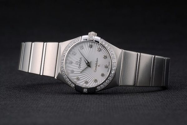 Swiss Lady Omega Constellation Crystal Encrusted Bezel Silver Dial 80291 Radial - Image 4