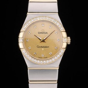 Swiss Lady Omega Constellation Crystal Encrusted Bezel Golden Dial 80293