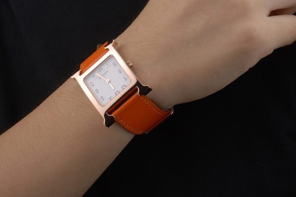 Hermes Heure H Rose Gold Bezel Orange Leather Strap White Dial 80234 - Image 2