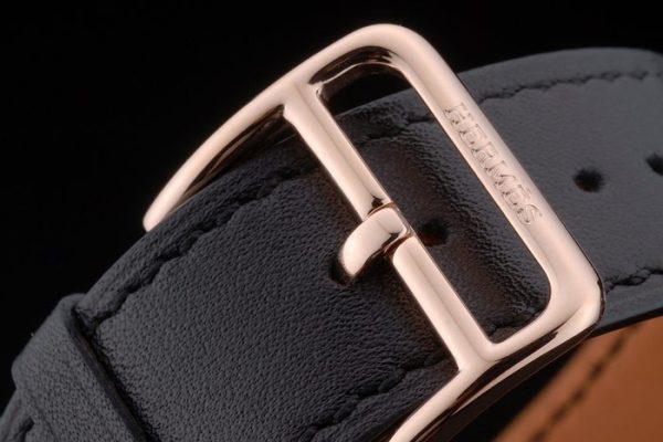 Hermes Heure H Rose Gold Bezel Black Leather Strap White Dial 80235 - Image 6