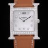Hermes Heure H Stainless Steel Diamond Encrusted Bezel Tan Leather Strap White Dial 80232