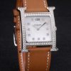 Hermes Heure H Stainless Steel Diamond Encrusted Bezel Tan Leather Strap White Dial 80232 - Image 3