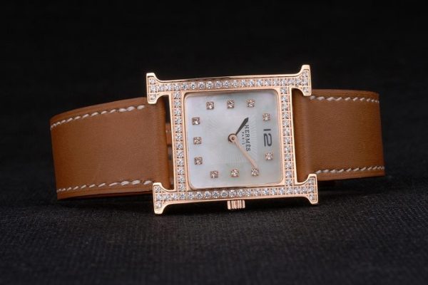 Hermes Heure H Rose Gold Bezel Diamond Encrusted Tan Leather Strap White Dial 80236 - Image 4
