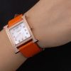 Hermes Heure H Rose Gold Diamond Encrusted Bezel Orange Leather Strap White Dial 80237 - Image 2