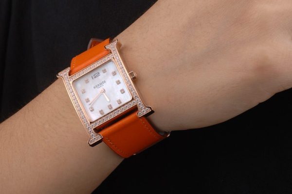 Hermes Heure H Rose Gold Diamond Encrusted Bezel Orange Leather Strap White Dial 80237 - Image 2