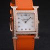 Hermes Heure H Rose Gold Diamond Encrusted Bezel Orange Leather Strap White Dial 80237 - Image 3